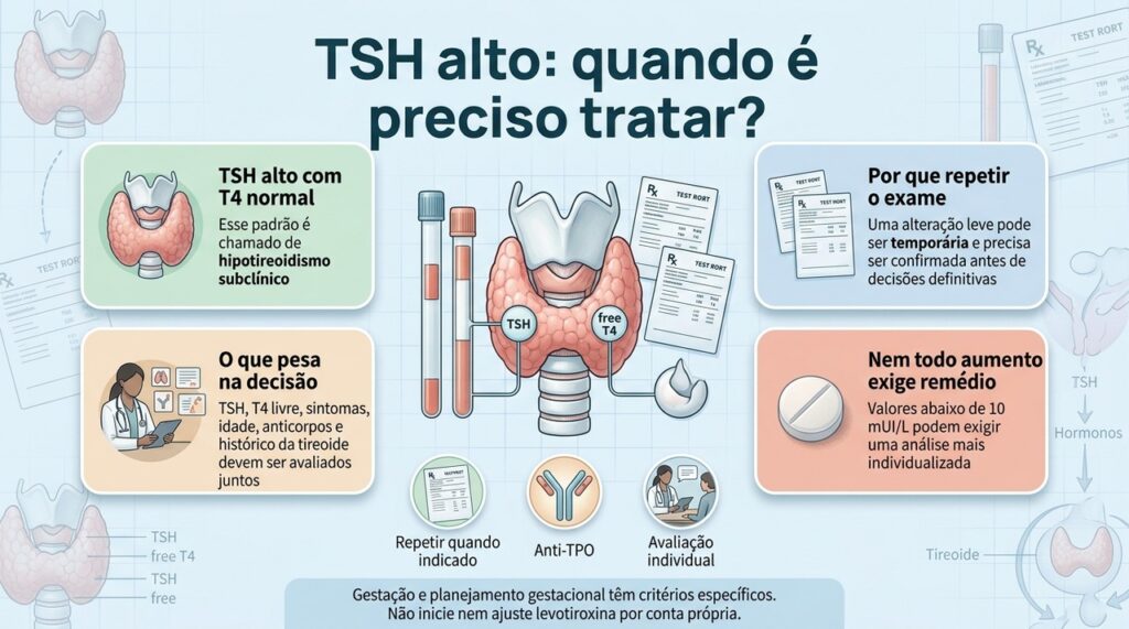 TSH um pouco alto nem sempre exige levotiroxina. T4 livre, repetição do exame, sintomas, idade e outras condições ajudam a definir a conduta.