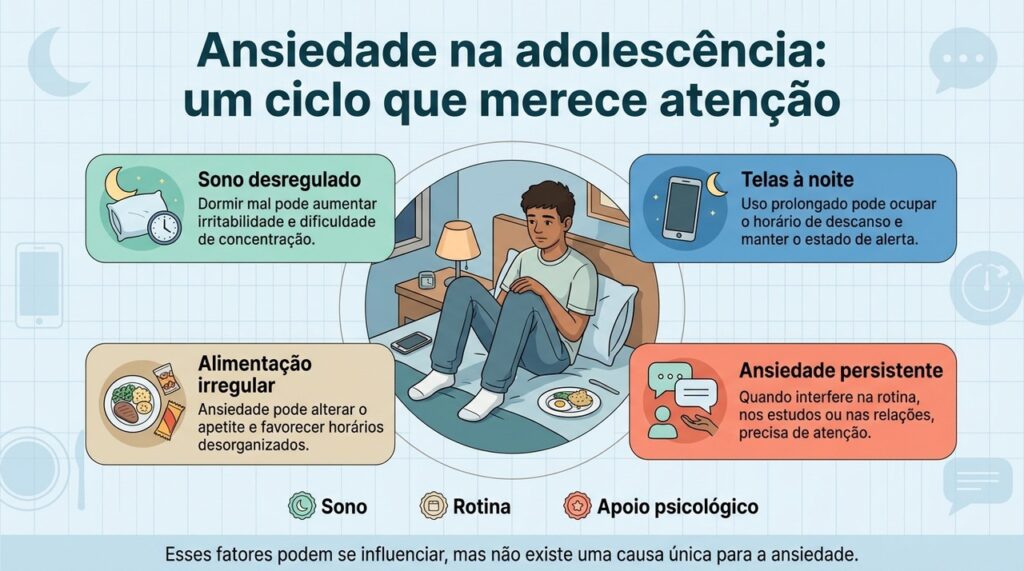Sono, telas, alimentação e saúde emocional podem se influenciar mutuamente durante a adolescência.