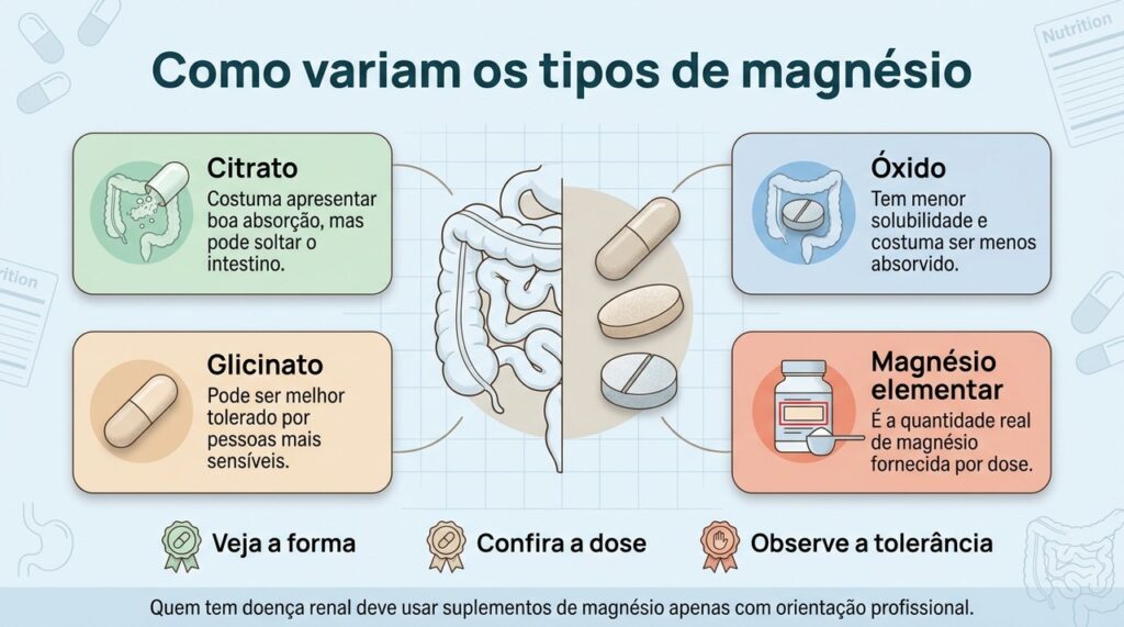 Citrato, óxido e glicinato diferem em absorção e tolerabilidade, e a melhor escolha depende do perfil de cada pessoa.