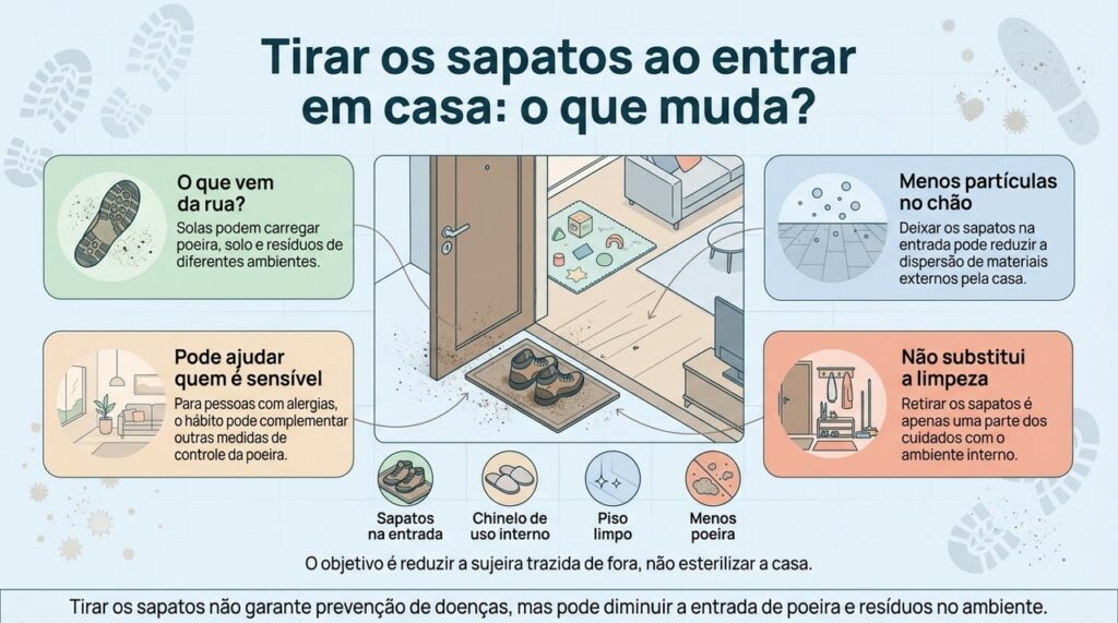 Tirar os sapatos ao entrar pode ser uma medida simples para reduzir a circulação de sujeira e partículas externas dentro de casa.