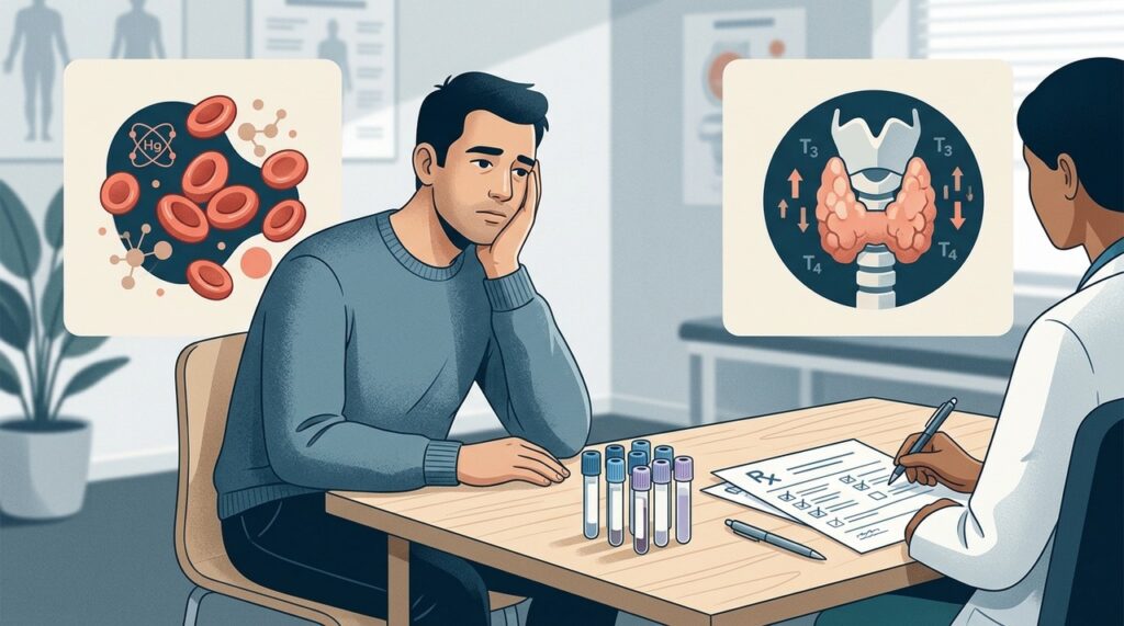 Anemia e alterações da tireoide estão entre as possibilidades investigadas quando a fadiga persiste.