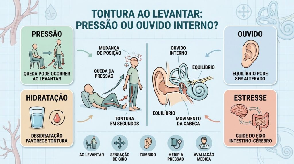 Pressão, ouvido interno, hidratação e medicamentos ajudam a explicar a tontura ao levantar.