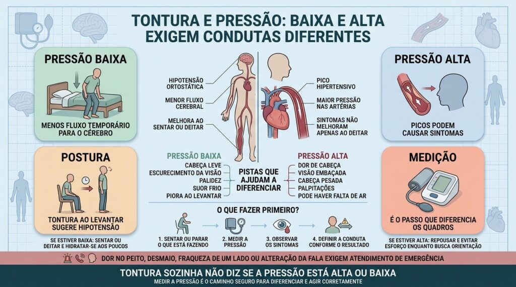 Postura, sintomas e medição ajudam a distinguir pressão baixa de picos hipertensivos.