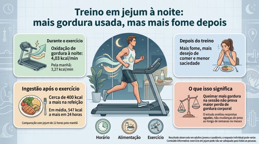O estudo mostrou mais oxidação de gordura no treino noturno em jejum, mas também maior apetite e ingestão energética depois.