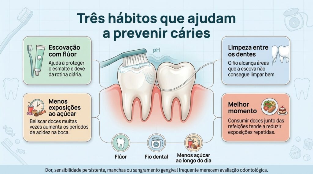 Prevenir cáries depende da combinação entre escovação com flúor, limpeza interdental e menor frequência de açúcar.