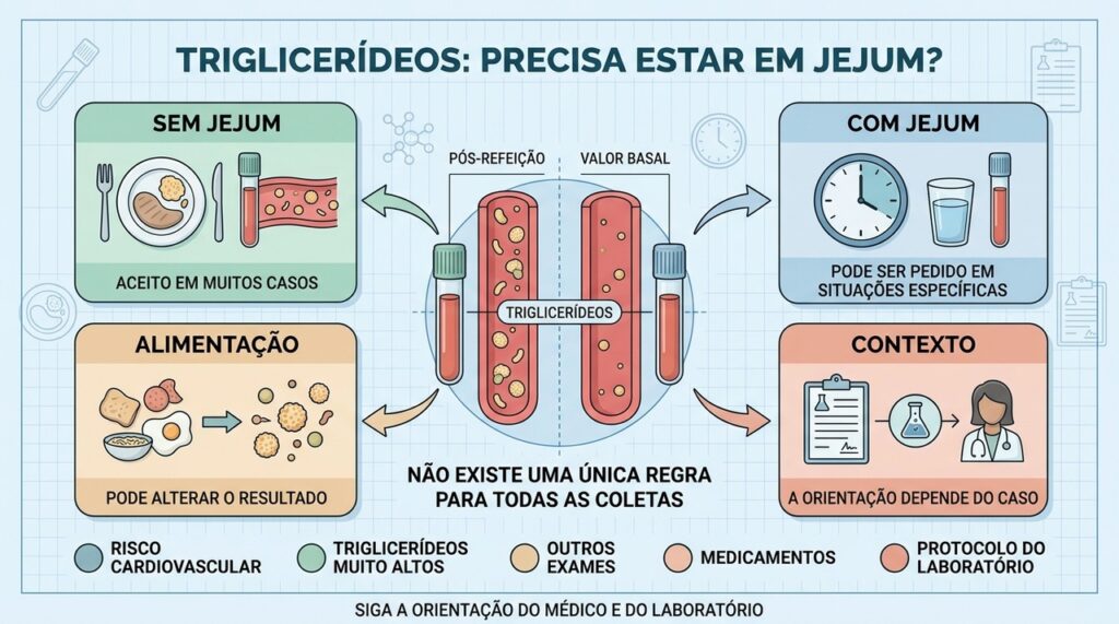 Jejum, alimentação recente, contexto clínico e protocolo do laboratório orientam a coleta dos triglicerídeos.