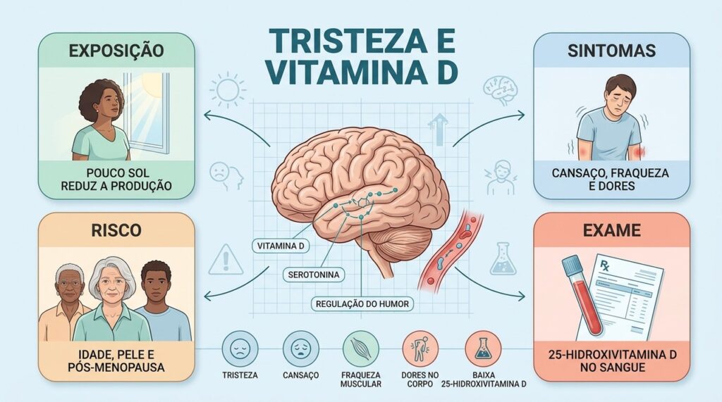 Exposição solar, sintomas físicos, fatores de risco e exame ajudam a investigar a deficiência de vitamina D.