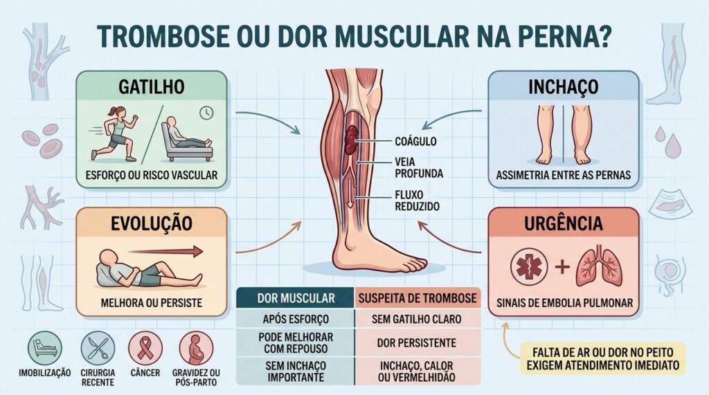 Inchaço unilateral, persistência da dor e fatores de risco ajudam a suspeitar de trombose.