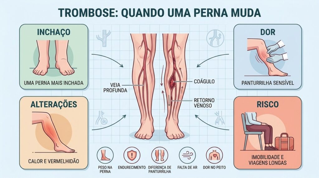 Inchaço unilateral, dor e alterações na pele são sinais que merecem avaliação rápida.