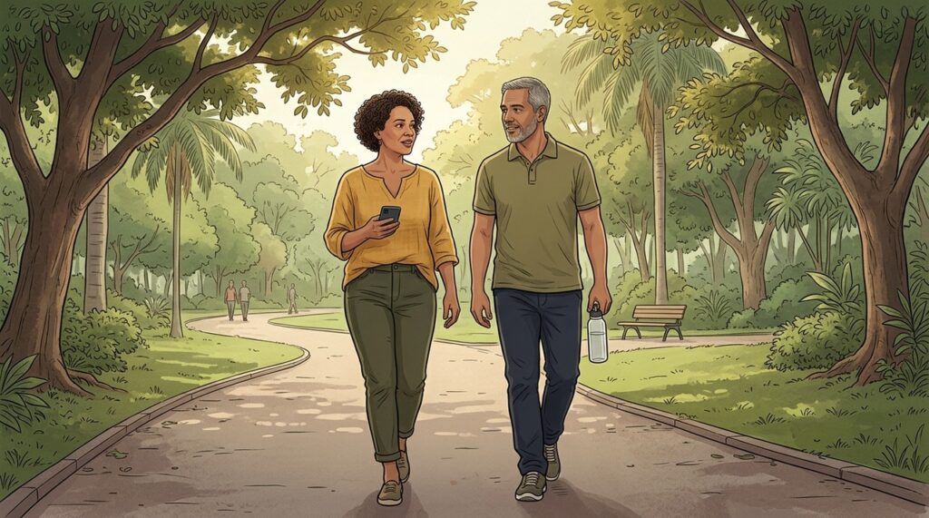 Caminhar acompanhado transforma um hábito simples em oportunidade de conexão e apoio emocional.