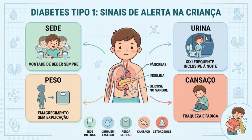 Sede, urina, emagrecimento e cansaço formam o quarteto clássico do diabetes tipo 1.
