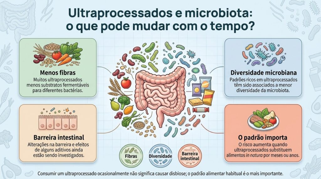Maior consumo habitual de ultraprocessados tem sido associado a mudanças na microbiota, mas essa relação envolve dieta, fibras e outros fatores.