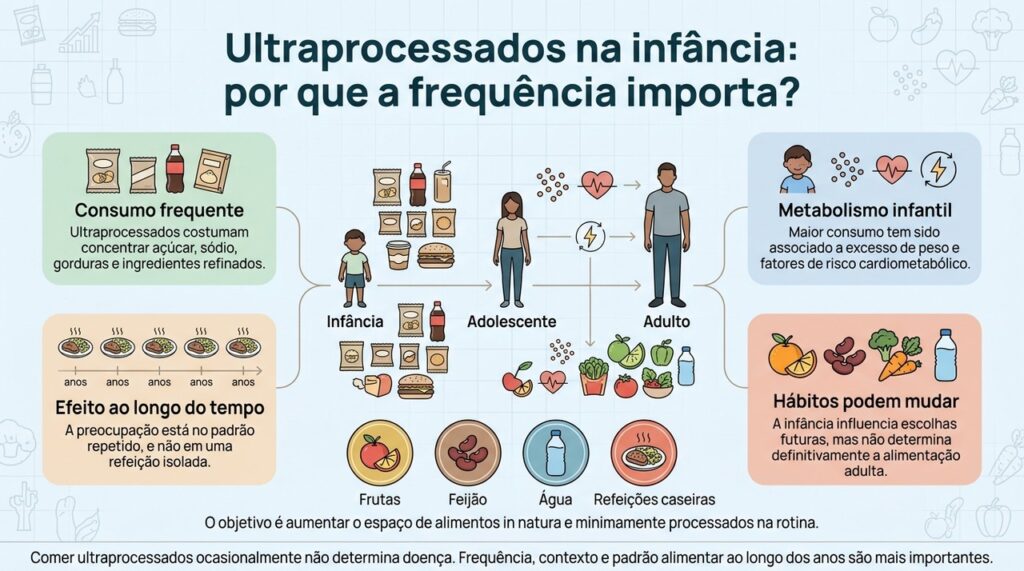 O consumo frequente de ultraprocessados na infância pode se associar a alterações metabólicas, mas hábitos alimentares podem ser modificados ao longo da vida.