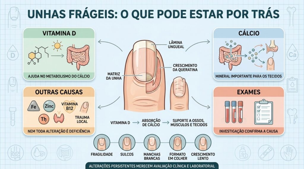Vitamina D, cálcio e outras causas devem ser investigados diante de unhas alteradas.