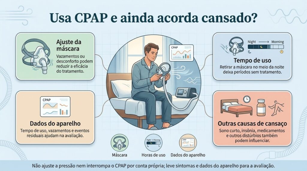 Persistência do cansaço pode exigir revisão da máscara, do tempo de uso, dos dados do CPAP e de outras causas de sono não reparador.