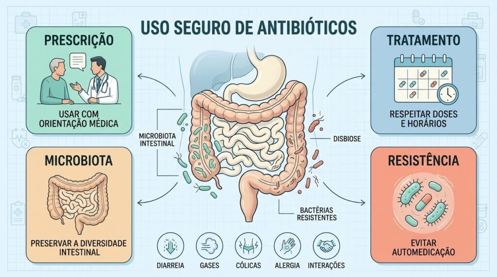 Prescrição, tratamento correto e proteção da microbiota ajudam a reduzir riscos do uso inadequado de antibióticos.