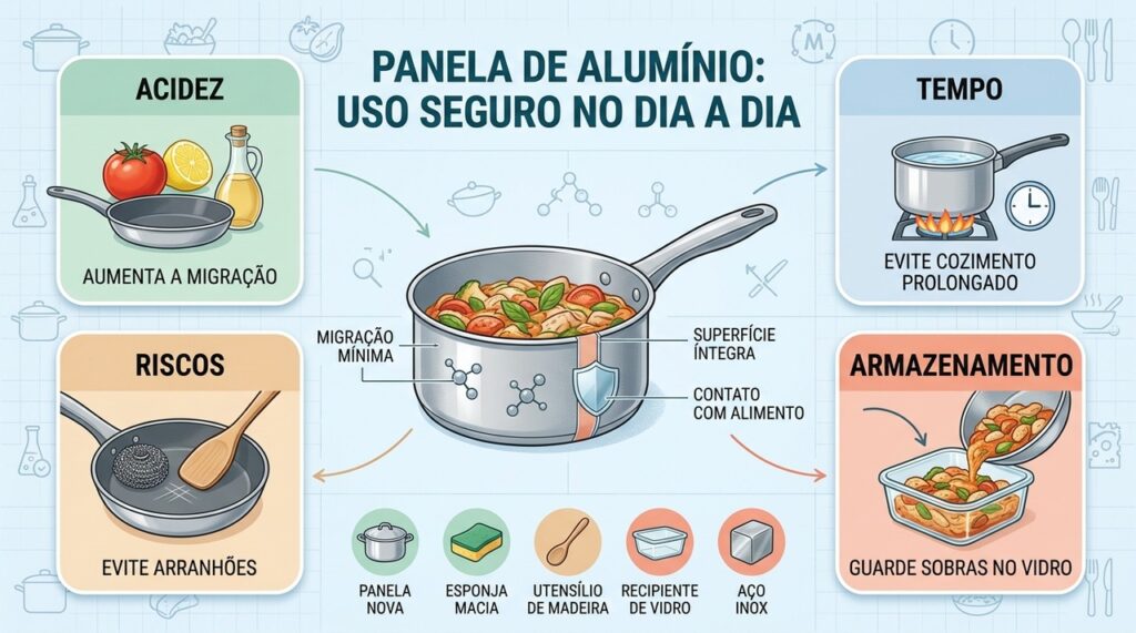 Acidez, tempo de cozimento, riscos e armazenamento influenciam a migração do alumínio.