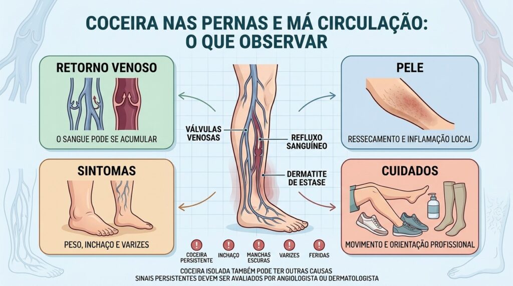Retorno venoso, pele, sintomas e cuidados ajudam a reconhecer sinais de insuficiência venosa.