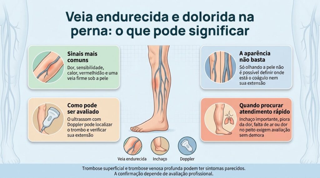 Dor, endurecimento e vermelhidão podem sugerir tromboflebite superficial, mas é preciso avaliar a extensão e excluir comprometimento venoso profundo.