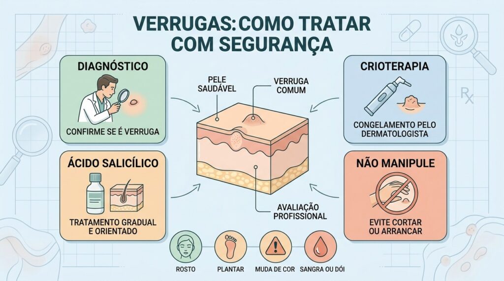 Diagnóstico, crioterapia, ácido salicílico e prevenção reduzem riscos no tratamento de verrugas.
