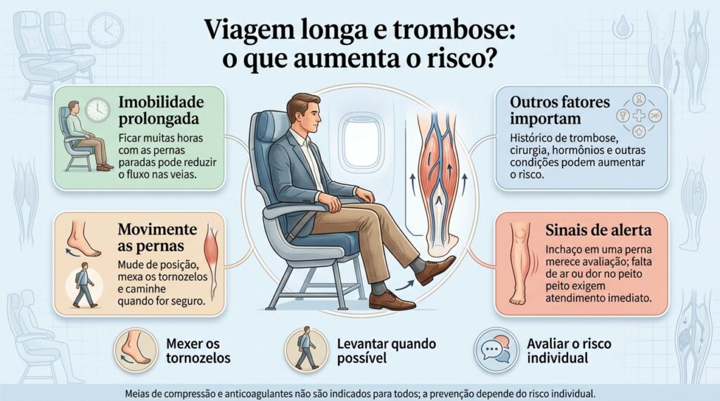 A imobilidade prolongada pode aumentar o risco de trombose, principalmente quando existem outros fatores associados.