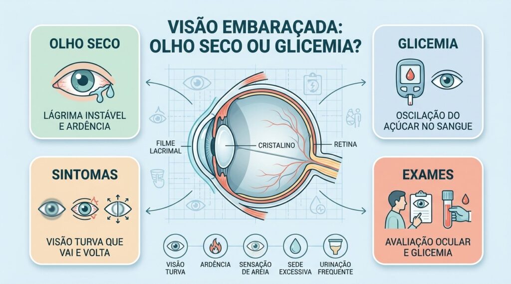 Olho seco e glicemia alterada podem causar visão turva que aparece e desaparece.