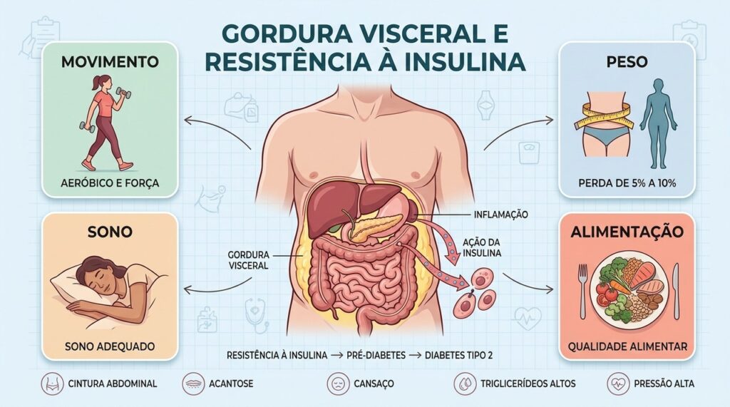 Quatro estratégias ajudam a reduzir gordura visceral e melhorar a sensibilidade à insulina.