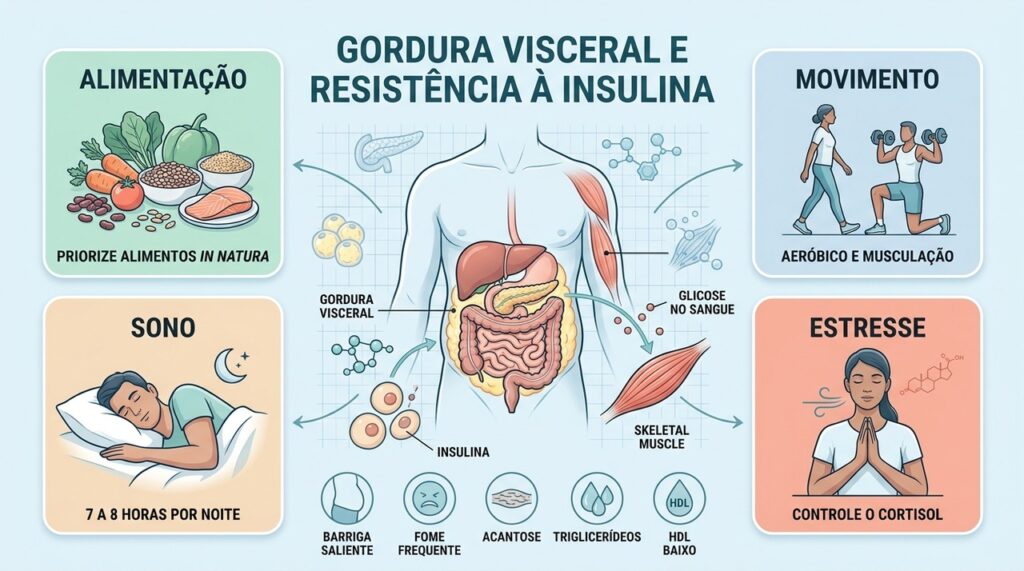Alimentação, exercício, sono e estresse influenciam a gordura visceral e a sensibilidade à insulina.