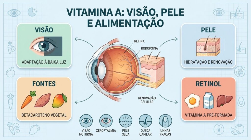 Visão noturna, pele seca e alimentação mostram diferentes aspectos da vitamina A.