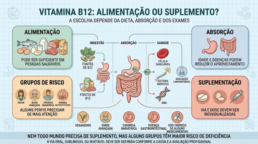 Dieta, absorção e exames definem quando a vitamina B12 precisa ser suplementada.