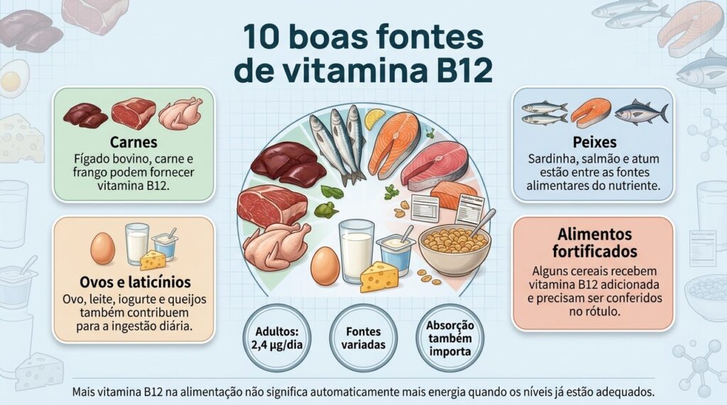 A vitamina B12 está principalmente em alimentos de origem animal e em alguns produtos fortificados, mas a absorção também influencia o estado do nutriente no organismo.