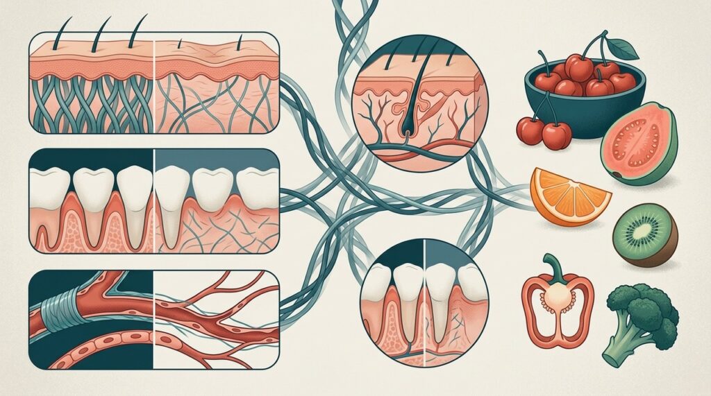 A vitamina C participa da formação de colágeno, importante para a integridade da pele, gengivas e vasos sanguíneos.