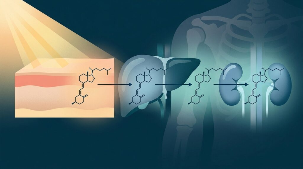 A vitamina D passa por transformações sucessivas no fígado e nos rins antes de alcançar sua principal forma hormonal ativa.
