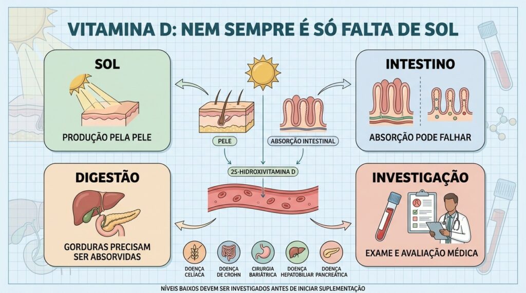Sol, absorção intestinal, digestão e investigação médica explicam diferentes causas da deficiência.
