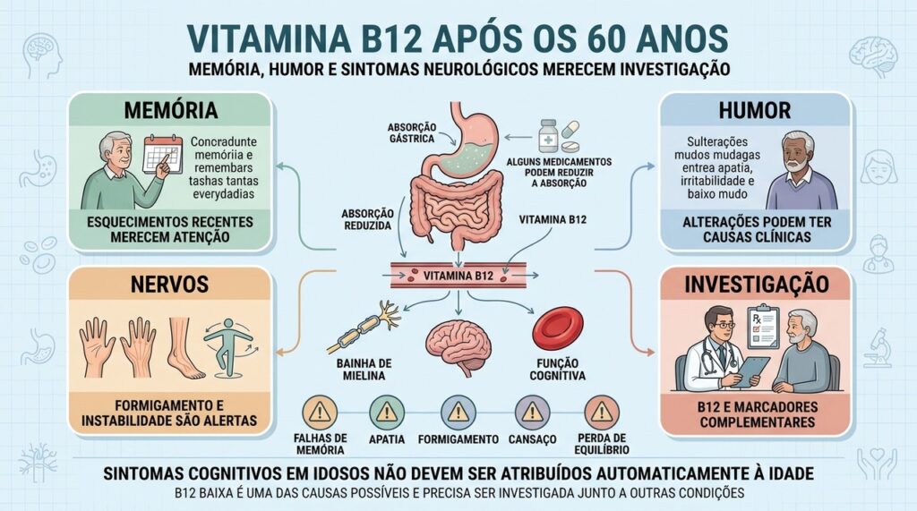 Memória, humor, formigamento e equilíbrio podem justificar investigação de vitamina B12.