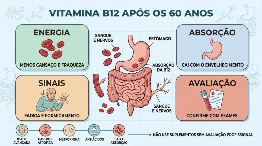 Absorção, sintomas, envelhecimento e exames ajudam a entender a deficiência de vitamina B12.