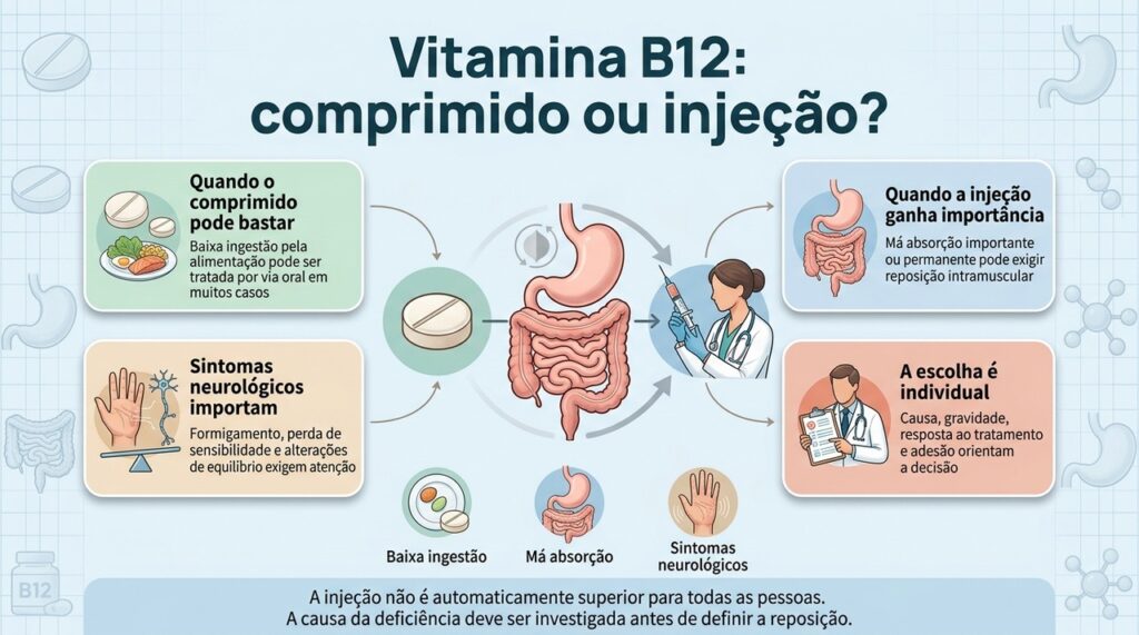 A forma de reposição da vitamina B12 deve considerar a causa da deficiência, a absorção e a presença de sintomas importantes.