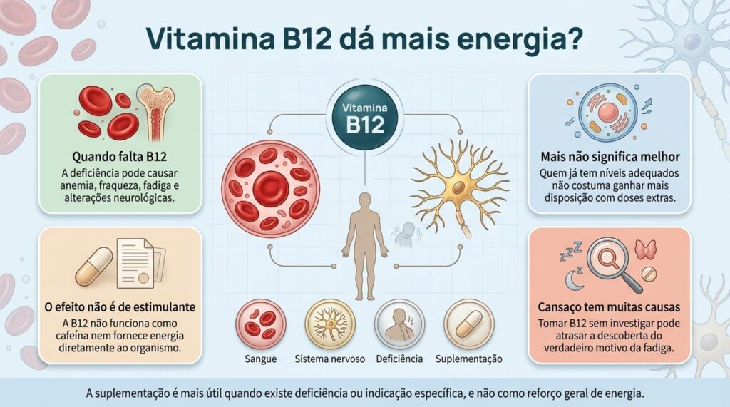 A vitamina B12 ajuda a corrigir problemas causados pela deficiência, mas não costuma aumentar a energia de quem já apresenta níveis adequados.