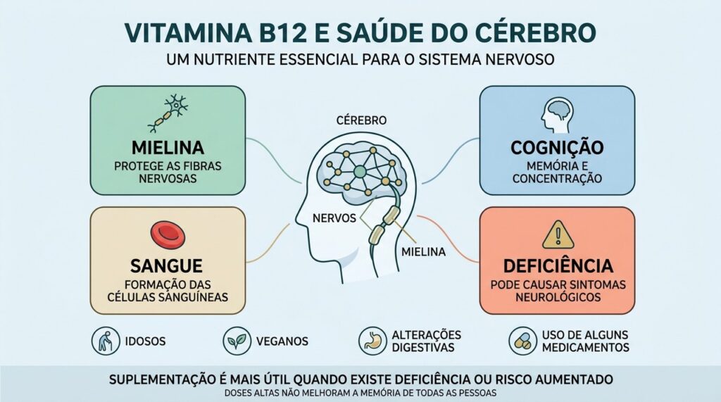 B12 participa da mielina, cognição e formação adequada das células sanguíneas.