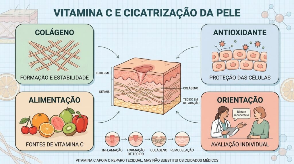 Colágeno, ação antioxidante, alimentação e orientação integram o suporte à cicatrização.