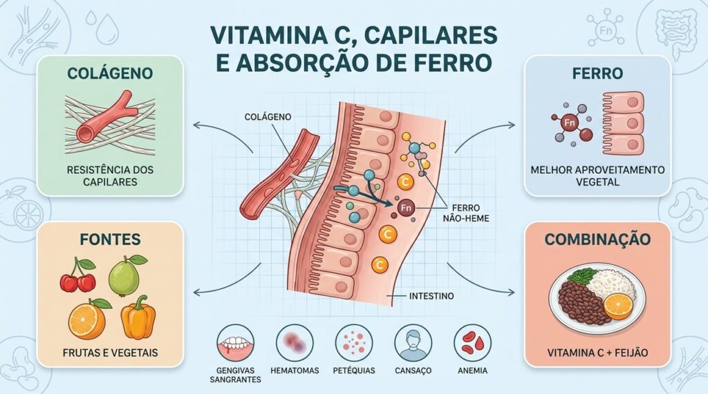 Vitamina C fortalece capilares e facilita a absorção intestinal do ferro vegetal.