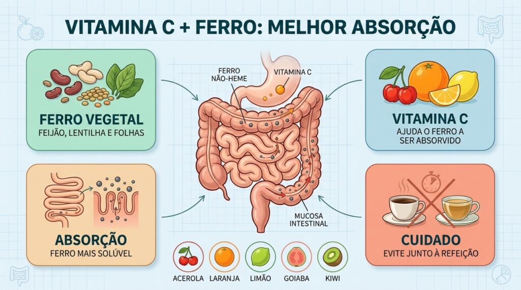 Ferro vegetal e vitamina C formam uma combinação estratégica para melhorar a absorção intestinal.