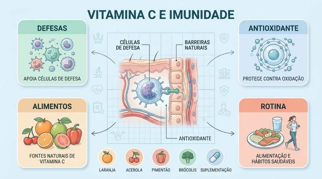 Vitamina C apoia células de defesa, barreiras naturais e proteção antioxidante diariamente.
