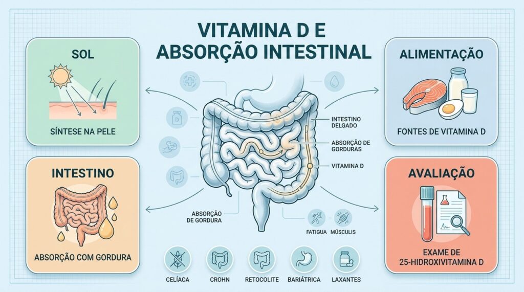 Sol, alimentação, absorção intestinal e investigação ajudam a explicar a vitamina D baixa.