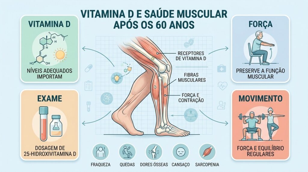 Dosagem, atividade física e níveis adequados de vitamina D apoiam força, equilíbrio e autonomia.