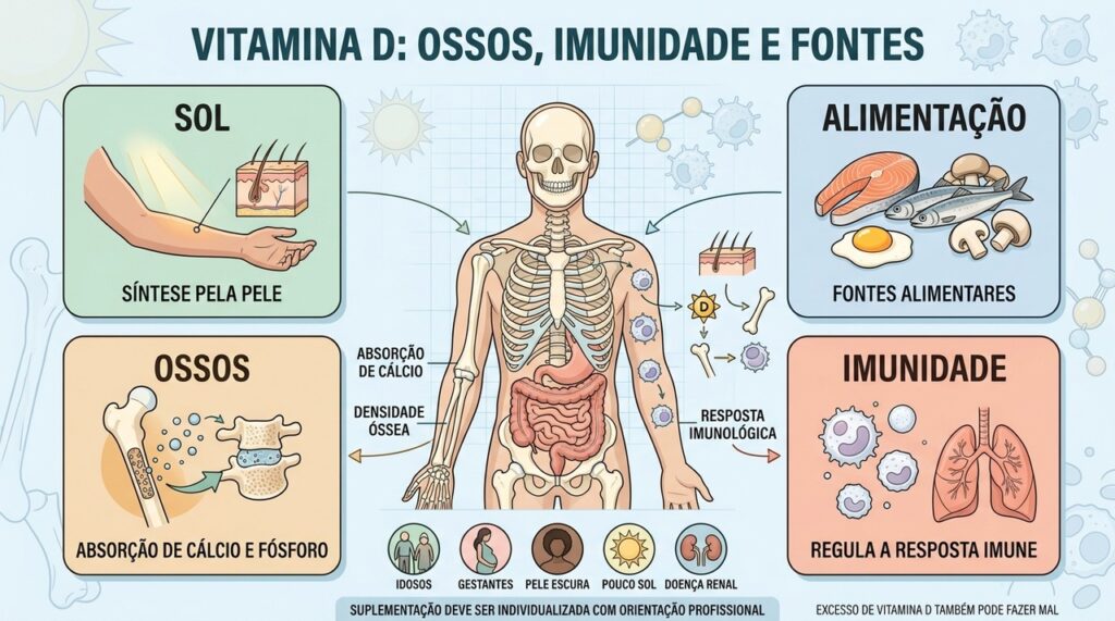 Sol, alimentação, ossos e imunidade resumem as principais funções da vitamina D.