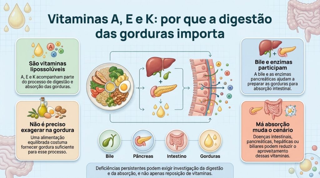 Bile, enzimas pancreáticas e intestino participam do aproveitamento das vitaminas A, E e K obtidas pela alimentação.