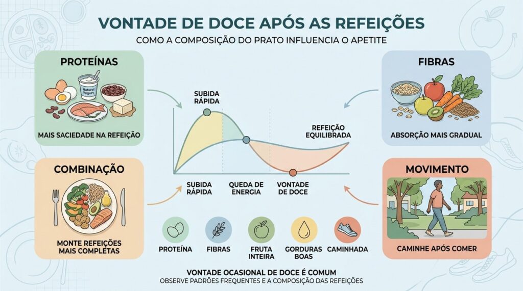 Proteínas, fibras, refeições completas e movimento ajudam a manter o apetite mais estável.