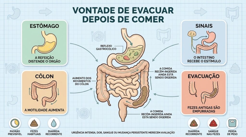Estômago, sinais digestivos e cólon explicam a vontade de evacuar após comer.
