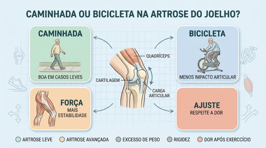 Impacto, dor, força muscular e estágio da artrose orientam a melhor atividade.